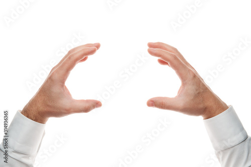 Man hands, grab gesture isolated on white background. White shirt, business style. photo