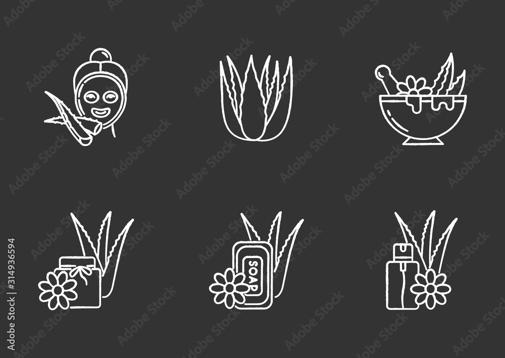 Aloe vera chalk white icons set on black background. Moisturizing mask. Spa treatment. Medicinal herbs for dermatology. Cosmetic spray, plant based soap. Isolated vector chalkboard illustrations Aloe vera chalk white icons set on black background. Moisturizing mask. Spa treatment. Medicinal herbs for dermatology. Cosmetic spray, plant based soap. Isolated vector chalkboard illustrations