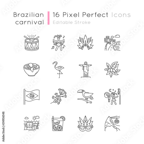 Brazilian carnival pixel perfect linear icons set. Street party. South America traditions. Flamingo. Customizable thin line contour symbols. Isolated vector outline illustrations. Editable stroke