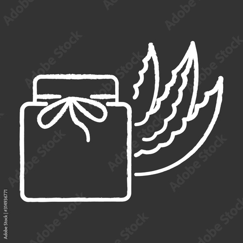 Organic wax chalk white icon on black background. Aloe vera cream in jar. Organic lotion with medicinal herbs. Skincare product with healing effect. Isolated vector chalkboard illustration