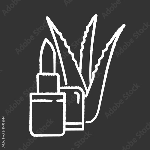 Organic lip balm chalk white icon on black background. Organic cosmetic with aloe vera extract. Lipcare with medicinal herbs. Dermatology and skincare. Isolated vector chalkboard illustration