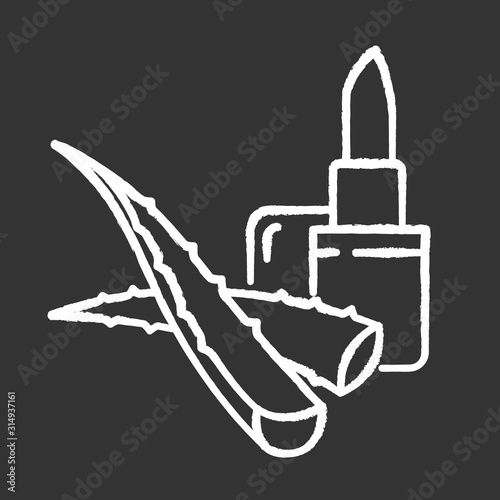 Vegan lip balm chalk white icon on black background. Organic lipcare with aloe vera. Cosmetic product. Medicinal herbs extract for healing. Healthy skincare. Isolated vector chalkboard illustration