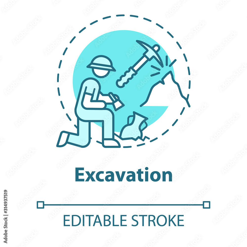 Excavation concept icon. Archaeological expedition. Historical research. Search for ancient artifacts. Cultural layer. Vector isolated outline RGB color drawing. Editable stroke