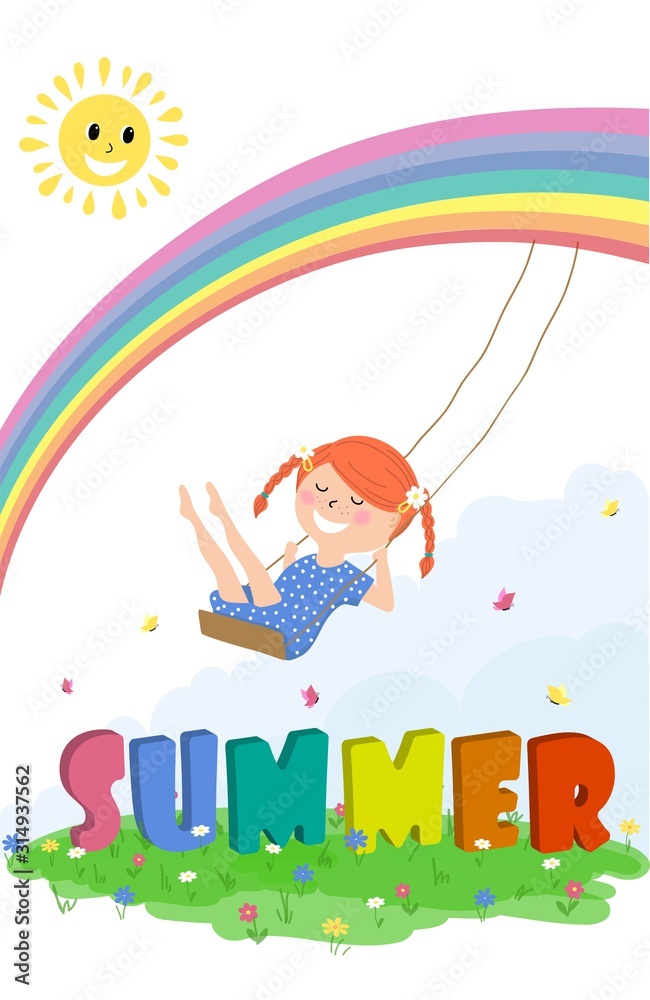 Happy baby girl laughs and swings on a rainbow swing . Funny cartoon character. Vector illustration. Happy baby girl laughs and swings on a rainbow swing . Funny cartoon character. Vector illustration.