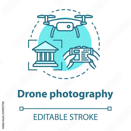 Drone photography concept icon. Quad copter with camera spying on house. Shooting historical objects from unusual angle. Vector isolated outline RGB color drawing. Editable stroke