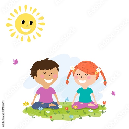 Vector illustration of a cute little girl and doy doing yoga outdoors,cartoon design.