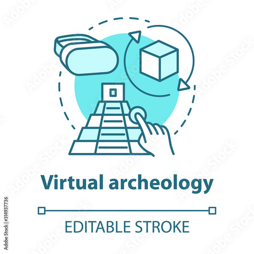 Virtual archeology concept icon. Computer simulations of cultural sights. Modeling and visualization of historic monuments. Vector isolated outline RGB color drawing. Editable stroke