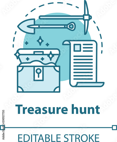 Treasure hunt concept icon. Arheological expedition. Historical research. Search and excavation of ancient antique chest. Vector isolated outline RGB color drawing. Editable stroke