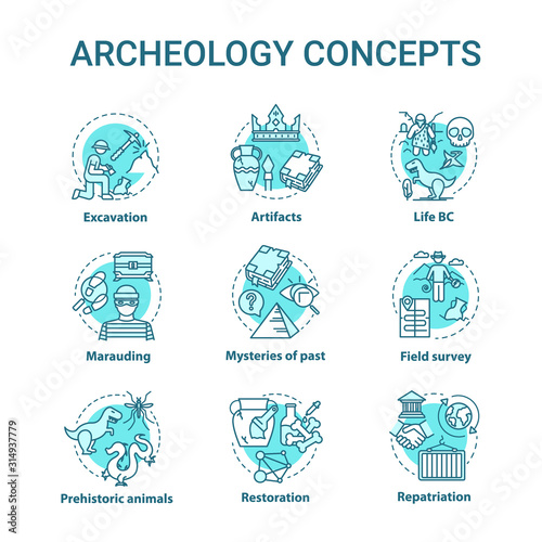 Archelogy concept icons set. Studying history of ancient artifacts. Excavations, conservation of values idea thin line RGB color illustrations. Vector isolated outline drawings. Editable stroke