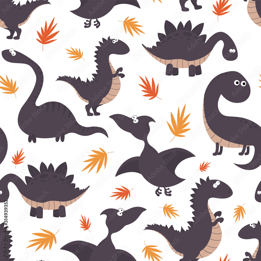 Fototapeta premium Childish seamless pattern with dinosaurs and tropical leaves. Vector illustration on white background.