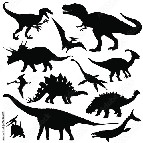 Dinosaur silhouettes set. Vector illustration isolated on white photo