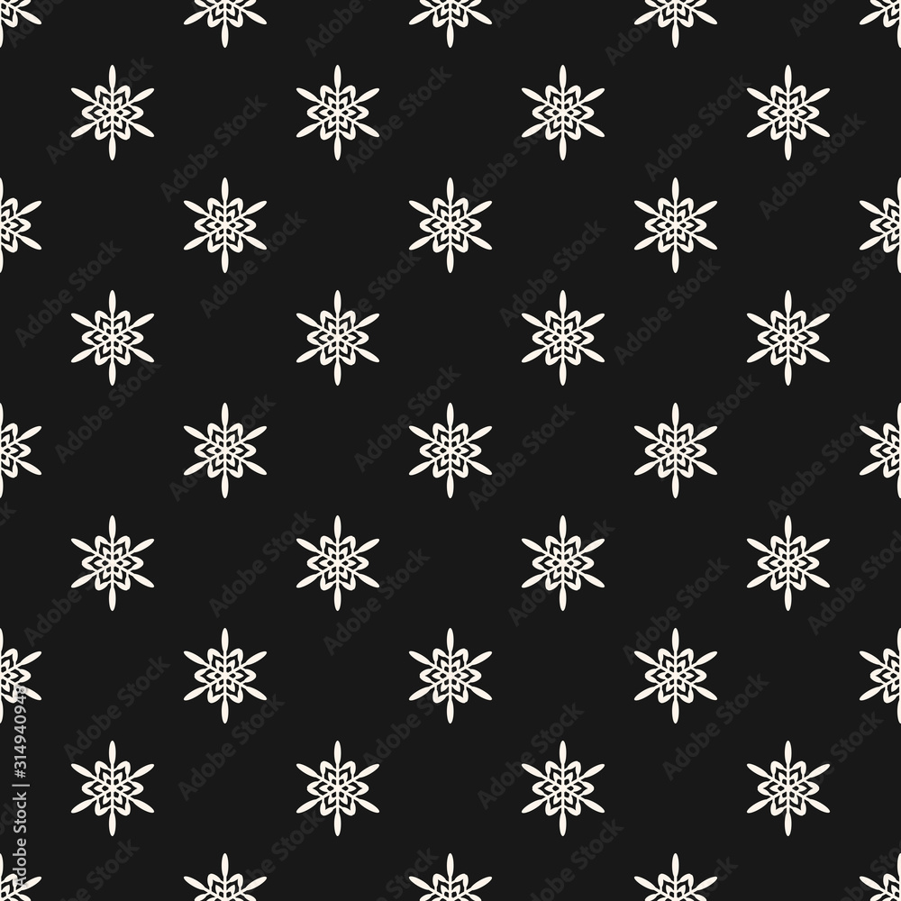 Vector geometric snowflakes pattern. Simple winter Christmas seamless background with small snowflakes. Abstract black and white texture. Dark monochrome repeat design for decor, textile, gift paper Vector geometric snowflakes pattern. Simple winter Christmas seamless background with small snowflakes. Abstract black and white texture. Dark monochrome repeat design for decor, textile, gift paper