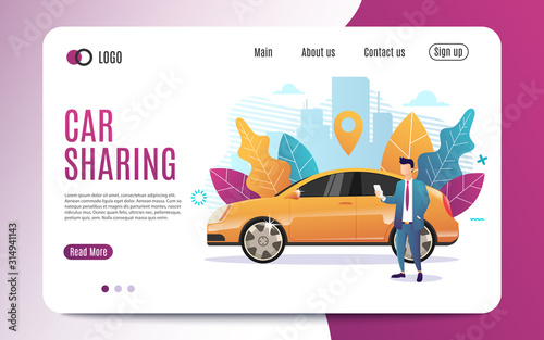 Car sharing service advertising web page template. A man with a smartphone standing near the car. Business website concept. Flat Style. Vector illustration