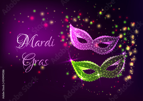Futuristic Mardi Gras web banner with glowing low polygonal masquerade masks.