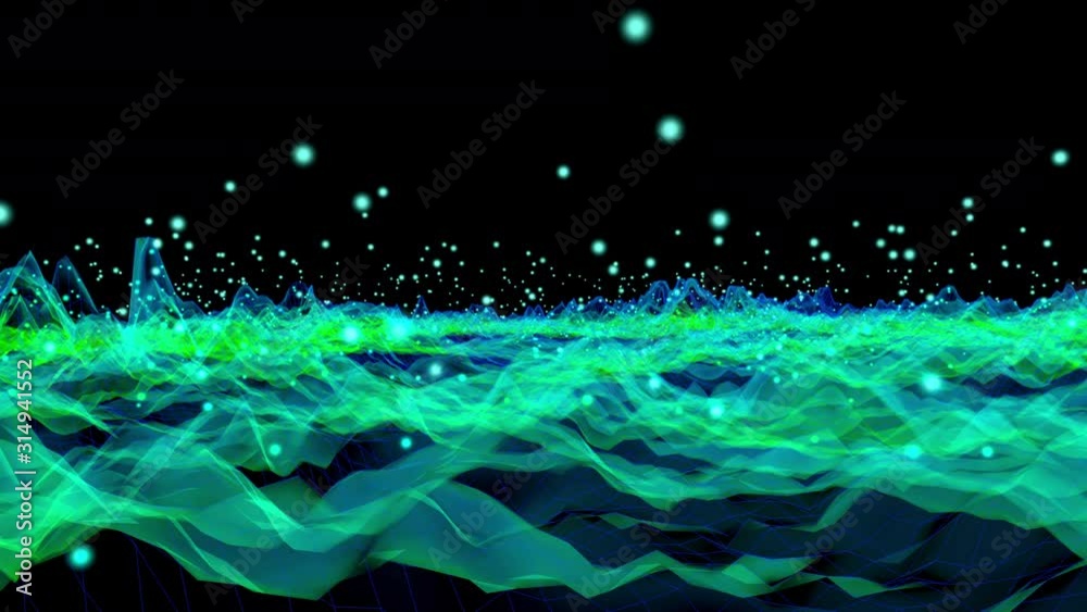 3D rendered Animation of particle physics, dancing particles and wave form vibrations symbolising the dualism of both concepts in quantum physics.