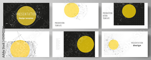 The minimalistic abstract vector illustration layout of the presentation slides design business templates. Science or technology 3d background with dynamic particles. Chemistry and science concept.