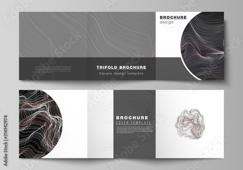 The black colored minimal vector illustration layout. Modern creative covers design templates for trifold square brochure or flyer. 3D grid surface, wavy vector background with ripple effect.