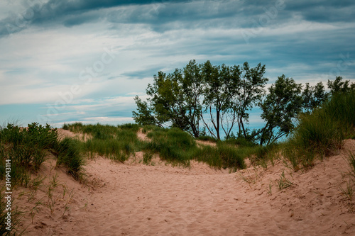 Hiking to the top of the sleeping bear dunes on a summer day