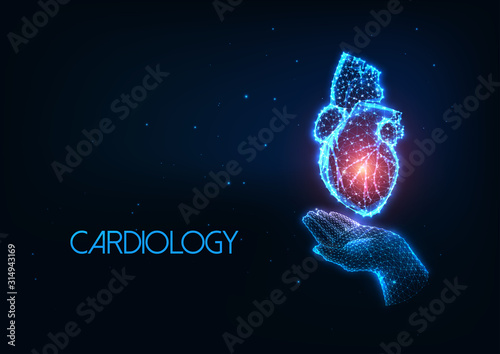 Futuristic Cardiology concept with glowing low polygonal human hand holding heart organ hologram