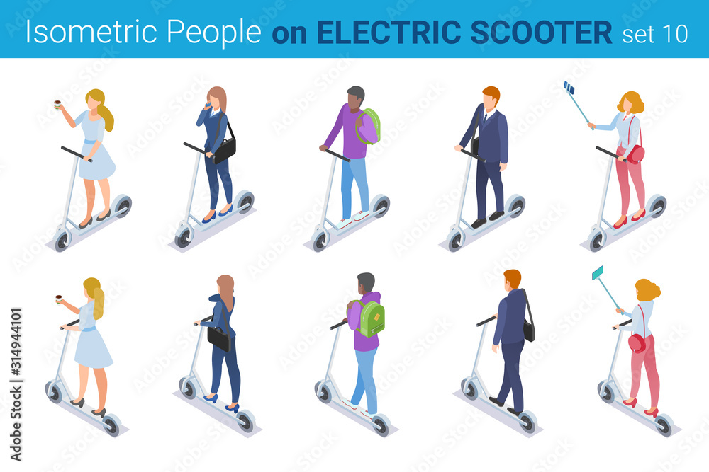Isometric People on Electric Kick Scooter flat vector collection.