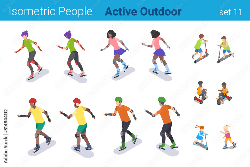 Isometric People Rollerblading and Kids Children ride on Kick Scooter flat vector collection.