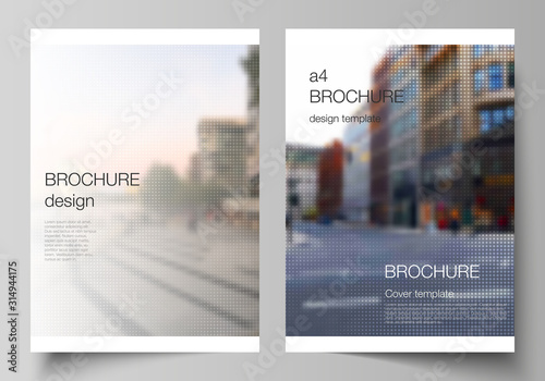 Vector layout of A4 cover mockups design templates for brochure, flyer, booklet, cover design, book design, brochure cover. Abstract halftone effect decoration with dots. Dotted pattern decoration.