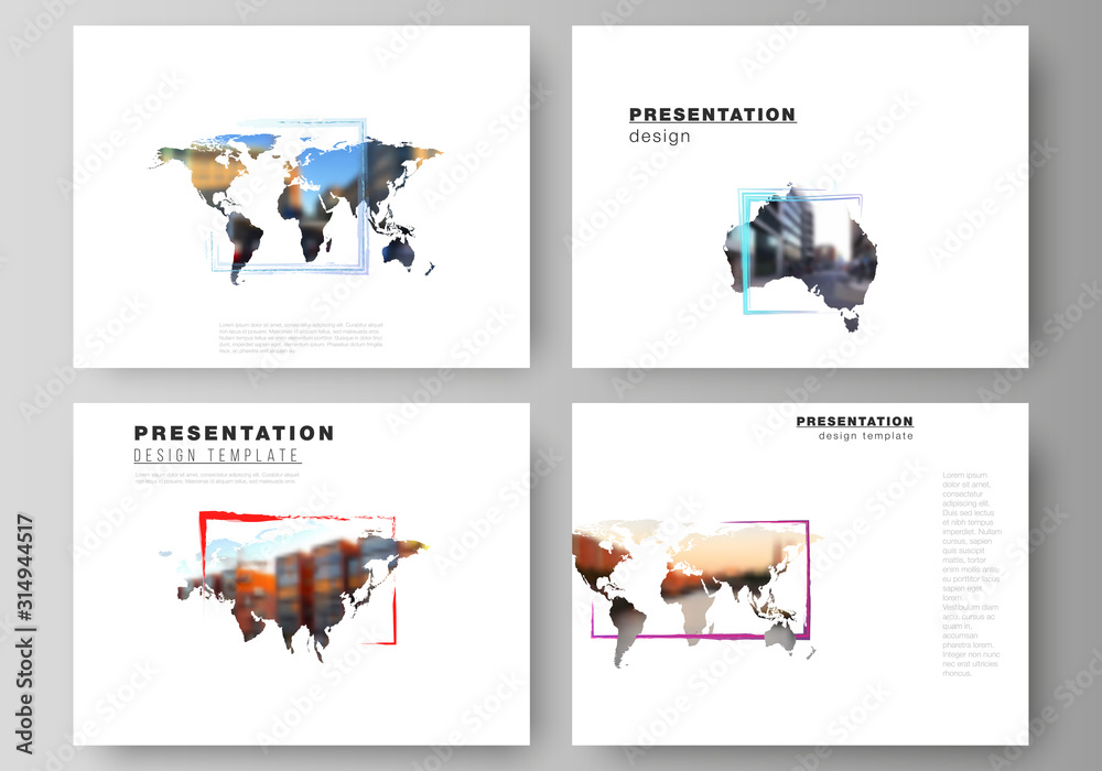 Vector layout of the presentation slides design business templates, multipurpose template for presentation brochure. Design template in the form of world maps and colored frames, insert your photo. Vector layout of the presentation slides design business templates, multipurpose template for presentation brochure. Design template in the form of world maps and colored frames, insert your photo.