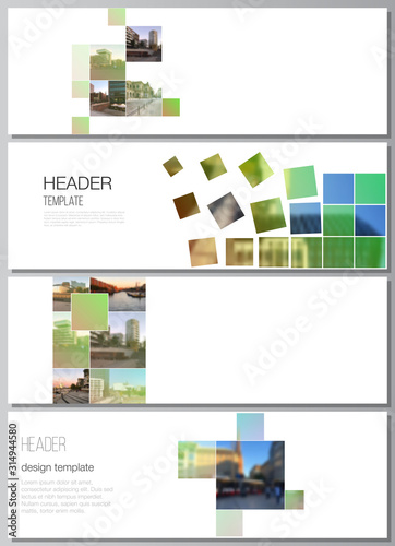 Vector layout of headers, banner design templates for website footer design, horizontal flyer design, website header backgrounds. Abstract project with clipping mask green squares for your photo.