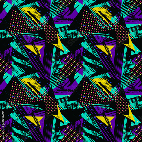 Abstract neon seamless geometric pattern. Colorful sport style vector illustration. Grunge urban art texture with chaotic lines, triangles, dots, brush strokes. Turquoise, purple, yellow, black color