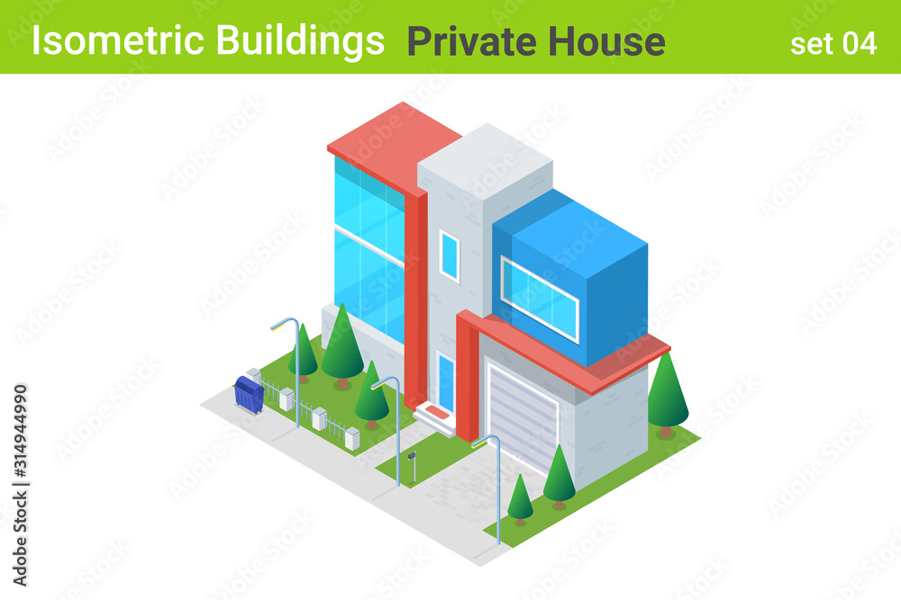 Obraz premium Isometric Cottage modern Private House with backyard garden Building flat vector collection