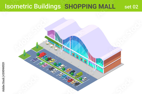 Isometric Shopping Mall Center Building with Cars on Parking flat vector collection.