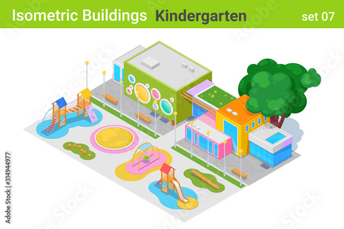 Isometric Kindergarten Building with Children Playground flat vector collection