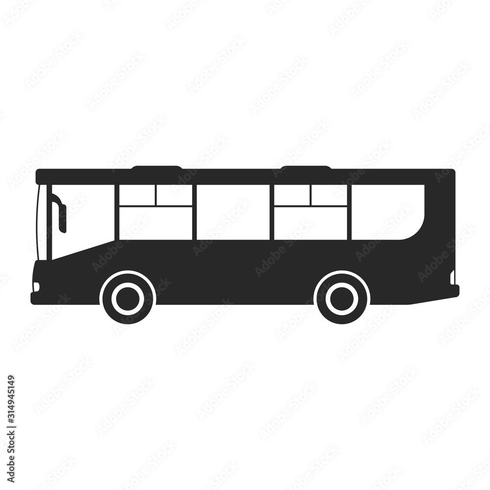 City bus icon. Black silhouette. Side view. Vector drawing. Isolated object on a white background. Isolate.
