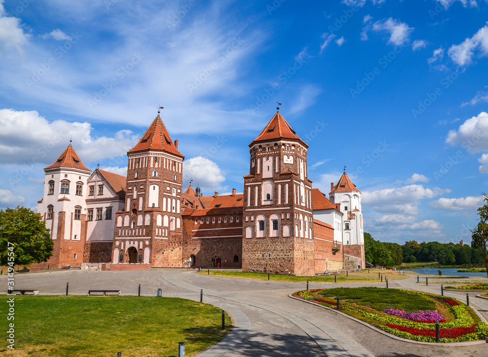 View on beautiful medival castle in Mir on summer day, Minsk region, Belarus 