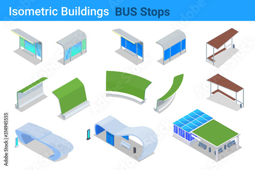 Isometric Bus stop station shelters flat vector collectio