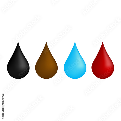 Set of multicolored drops on white background  drop of oil  water and blood. Vector illustration for website