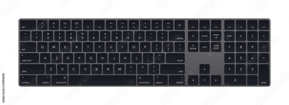 Modern grey laptop bluetooth keyboard isolated on white. Minimalistic keyboard with black buttons. Vector illustration