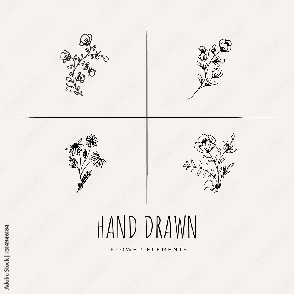 Hand Drawn Minimalistic and Floral Template for photographer, fashion blogger, design studio, interior design. Branding identity collection . Floral feminine element. flowers clipart