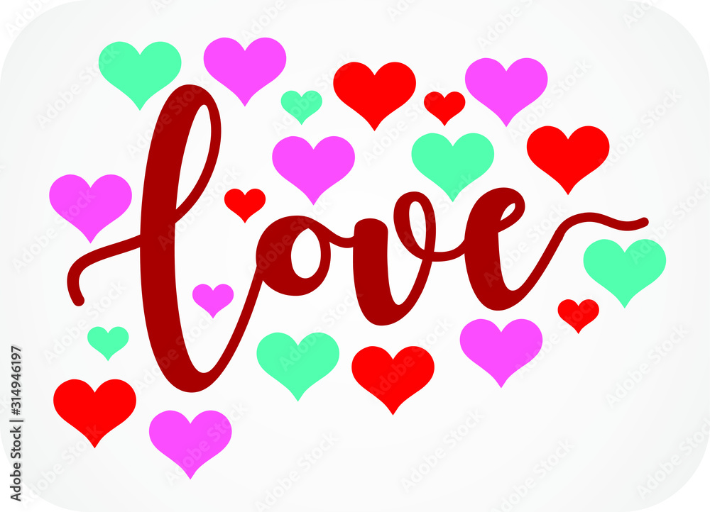 Decorative love text and hearts. VECTOR