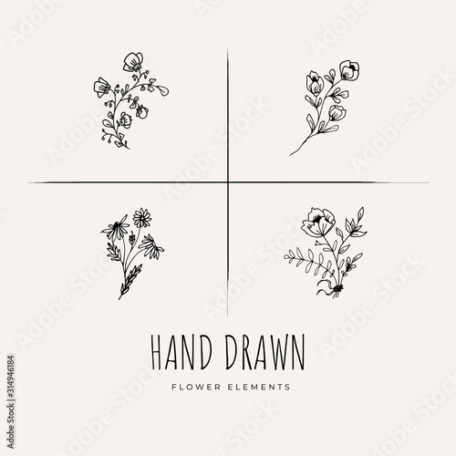 Hand Drawn Minimalistic and Floral Template for photographer, fashion blogger, design studio, interior design. Branding identity collection . Floral feminine element. flowers clipart