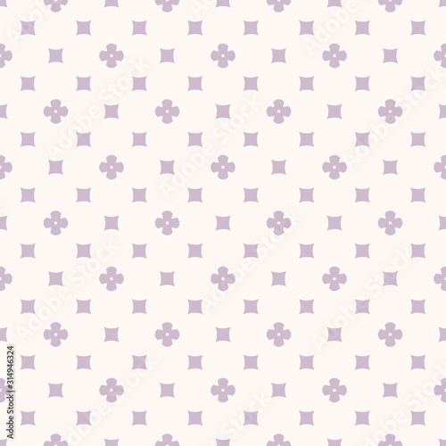 Simple vector geometric floral texture. Abstract seamless pattern with small flowers, squares. Lilac and white color. Delicate minimalist repeat background. Cute design for decor, textile, wallpapers