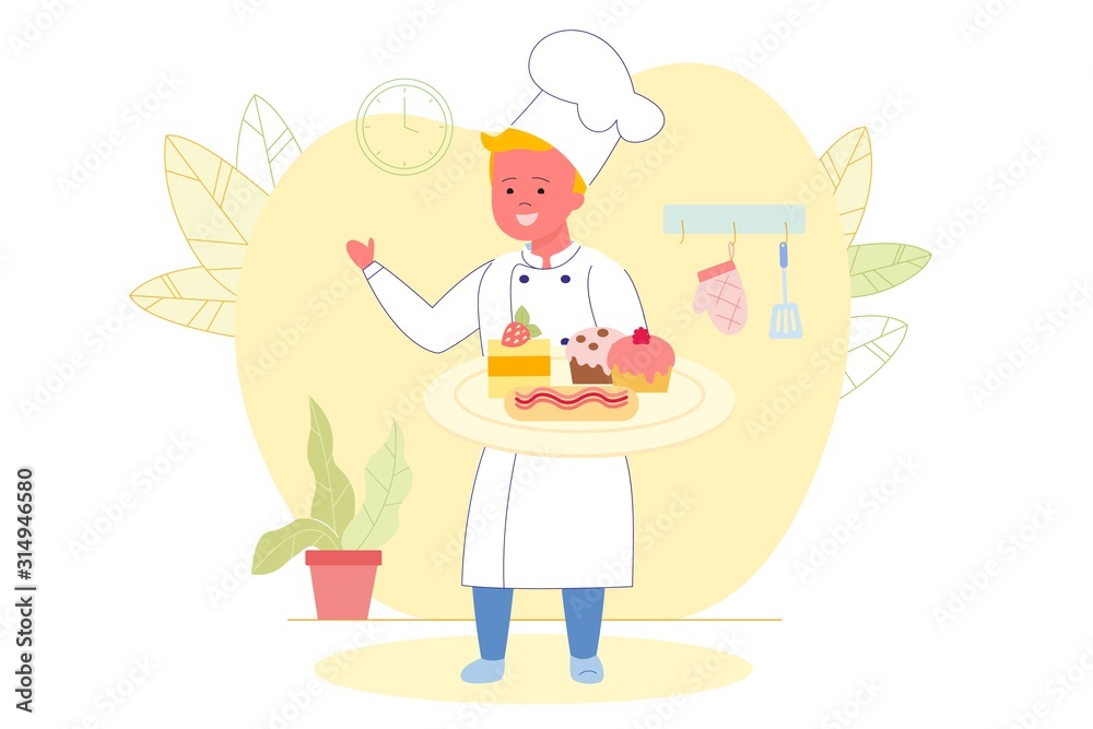Boy Cook Chef in White Uniform with Sweets on Tray Boy Cook Chef in White Uniform with Sweets on Tray