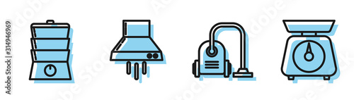 Set line Vacuum cleaner , Double boiler , Kitchen extractor fan  and Scales  icon. Vector