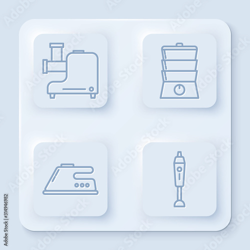 Set line Kitchen meat grinder , Double boiler , Electric iron  and Blender . White square button. Vector