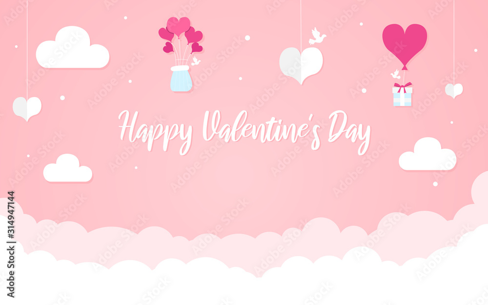 Happy Valentine's Day design concept, romantic composition in paper style, vector illustration on a pink background