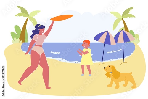 Family Mother, Daughter and Dog Playing on Seaside
