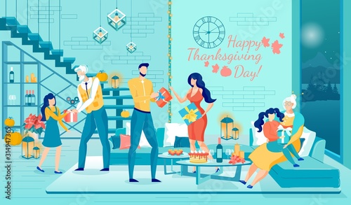 Big Family Celebrating Thanksgiving Day Cartoon