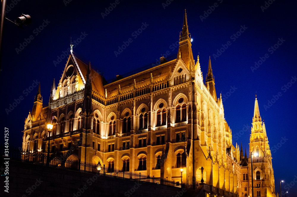 hungarian parliament in budapest, nightscape backlit