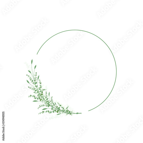 Floral frame decoration for wedding and invitation card. Flower and leaf design circle template. Eucalipus branch. Green organic decor. Vector illustration