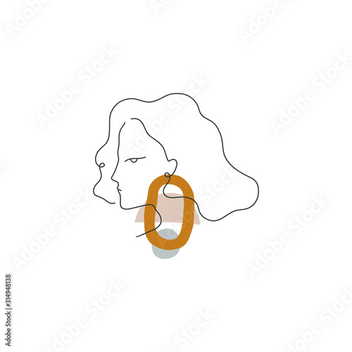 Boho Pastel Terracotta Collage Line Drawing Woman Face With Earring Hairstyle Fashion Beauty Minimalist Vector Illustration Modern Abstract Graphics Print